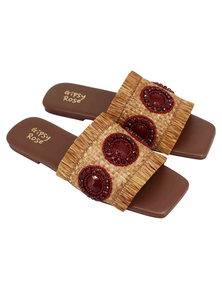 Spatarella Sandali Flat Donna In Rafia Cuoio Con Accessori E Punta Quadra