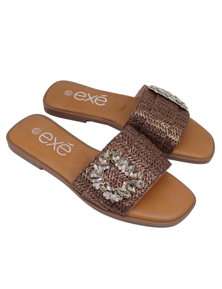 Spatarella Sandali Flat Donna In Tessuto Bronzo Con Fibbia In Strass
