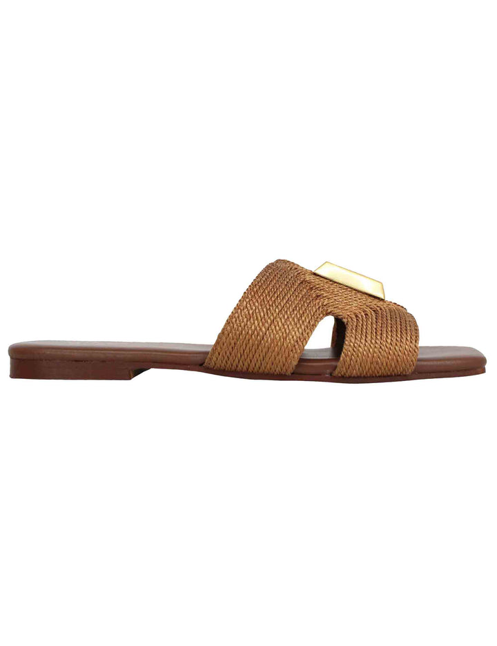 Spatarella Sandali Flat Donna In Tessuto Cuoio Con Borchia In Oro E Punta Quadra