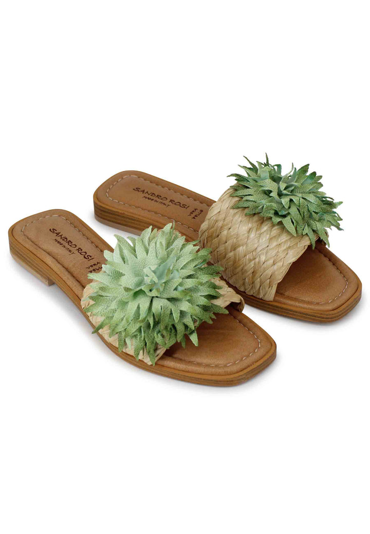 Spatarella Sandali Flat Donna In Tessuto Naturale Con Fiore Verde