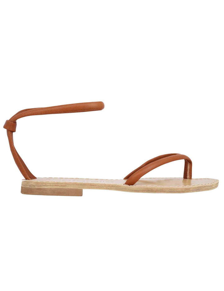 Spatarella Sandali Flat Donna Infradito In Pelle Cuoio Con Cavigliera