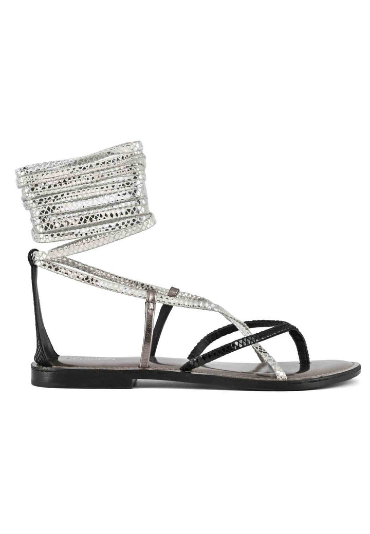 Spatarella Sandali Flat Donna Infradito In Pelle Nera Con Lacci Alla Caviglia