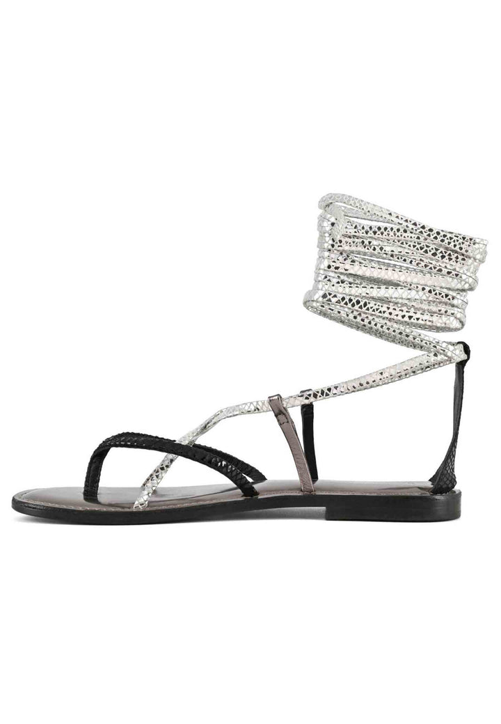 Spatarella Sandali Flat Donna Infradito In Pelle Nera Con Lacci Alla Caviglia