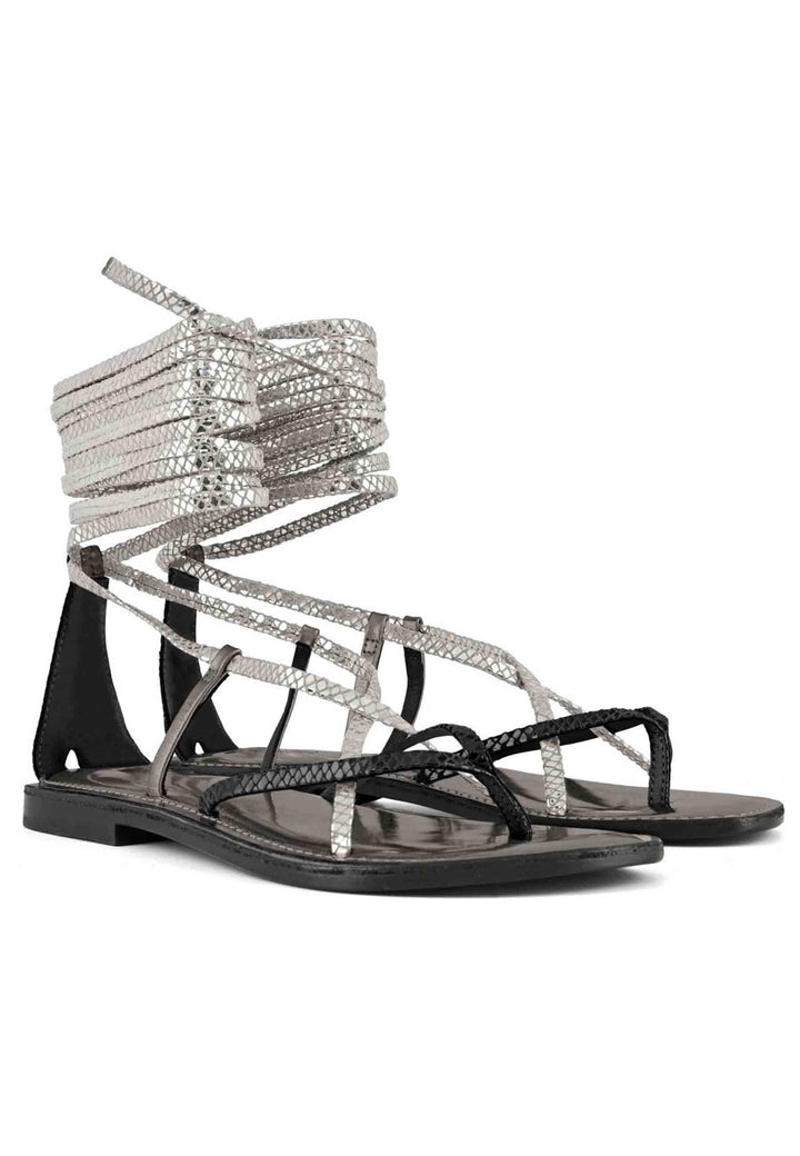 Spatarella Sandali Flat Donna Infradito In Pelle Nera Con Lacci Alla Caviglia