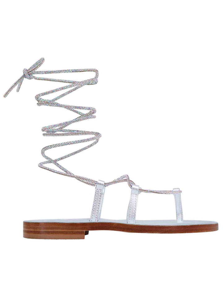 Spatarella Sandali Flat Infradito Donna In Strass Argento Con Lacci Alla Schiava