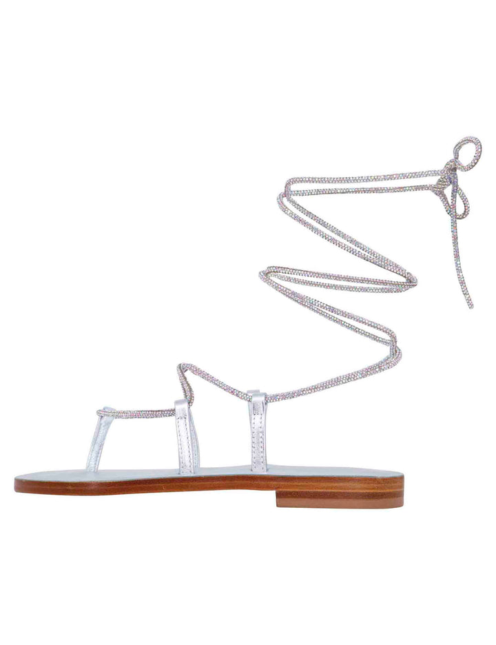Spatarella Sandali Flat Infradito Donna In Strass Argento Con Lacci Alla Schiava