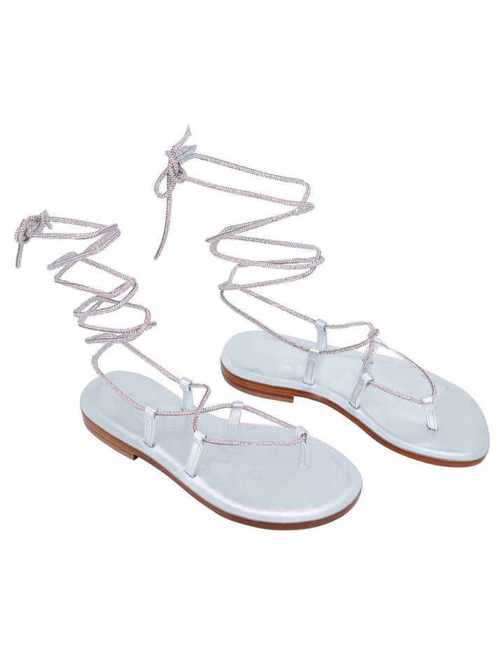 Spatarella Sandali Flat Infradito Donna In Strass Argento Con Lacci Alla Schiava