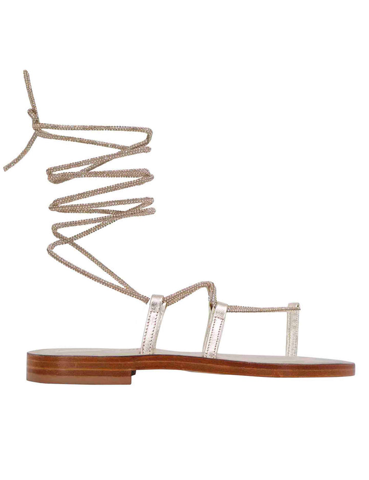 Spatarella Sandali Flat Infradito Donna In Strass Platino Con Lacci Alla Schiava