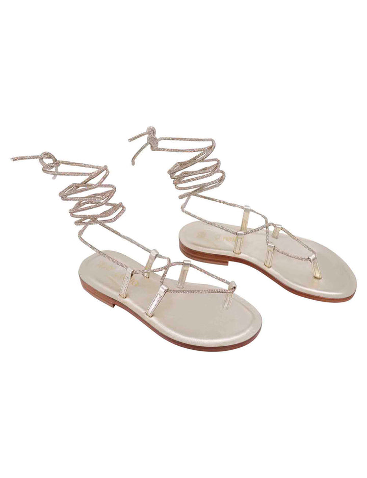 Spatarella Sandali Flat Infradito Donna In Strass Platino Con Lacci Alla Schiava
