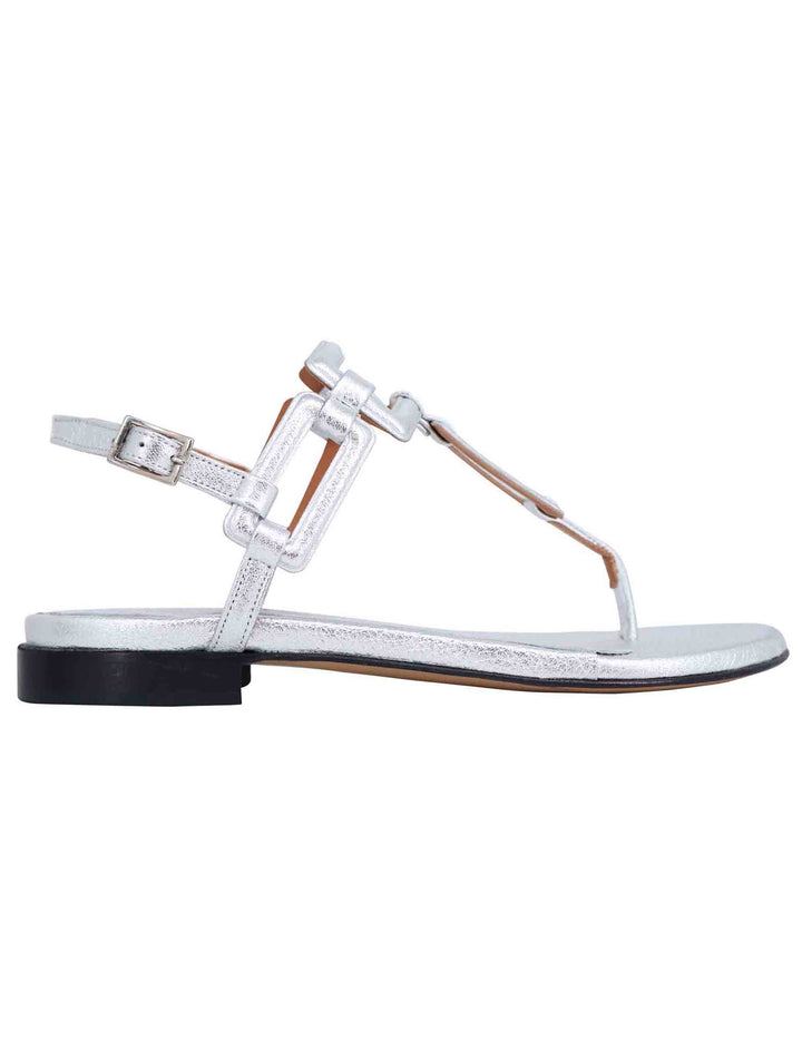 Spatarella Sandali Flat Slingback Infradito Donna In Pelle Laminata Argento