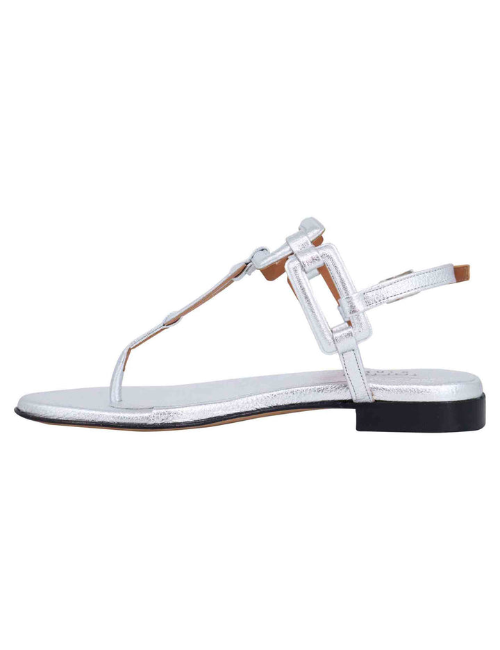 Spatarella Sandali Flat Slingback Infradito Donna In Pelle Laminata Argento