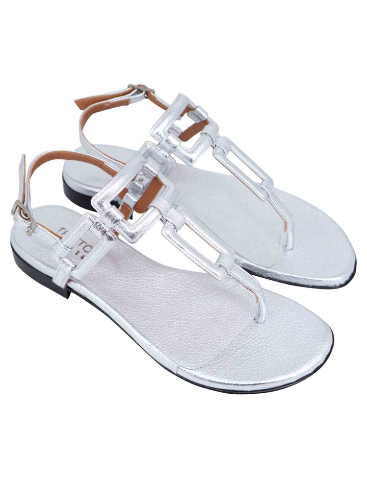 Spatarella Sandali Flat Slingback Infradito Donna In Pelle Laminata Argento