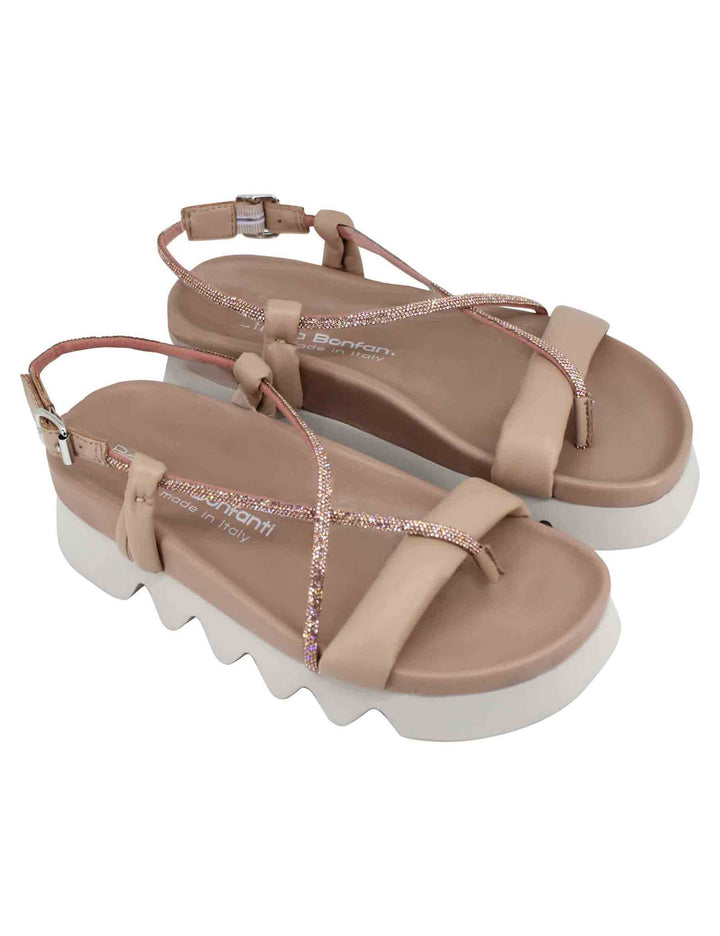 Spatarella Sandali Infradito Donna In Pelle Beige Con Cinturini In Strass E Suola Carrarmato