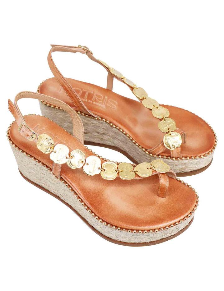 Spatarella Sandali Infradito Donna In Pelle Naturale Con Accessori Oro E Zeppa In Corda