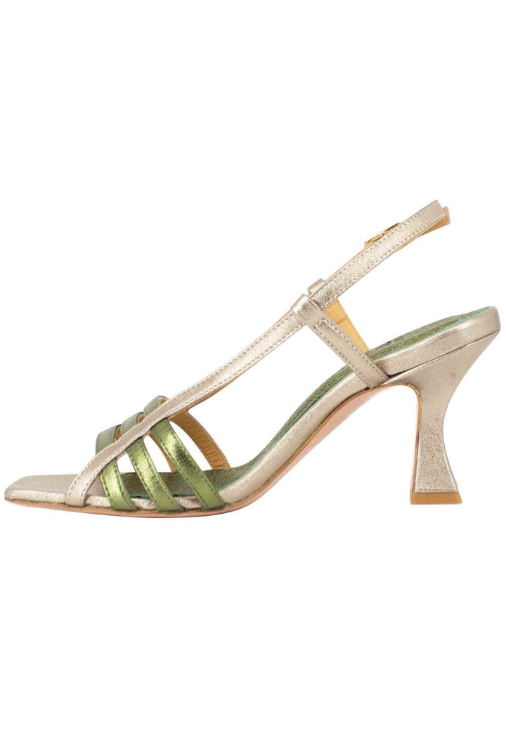 Spatarella Sandali Silngback Donna In Pelle Laminata Oro E Verde Con Tacco Alto E Punta Quadra