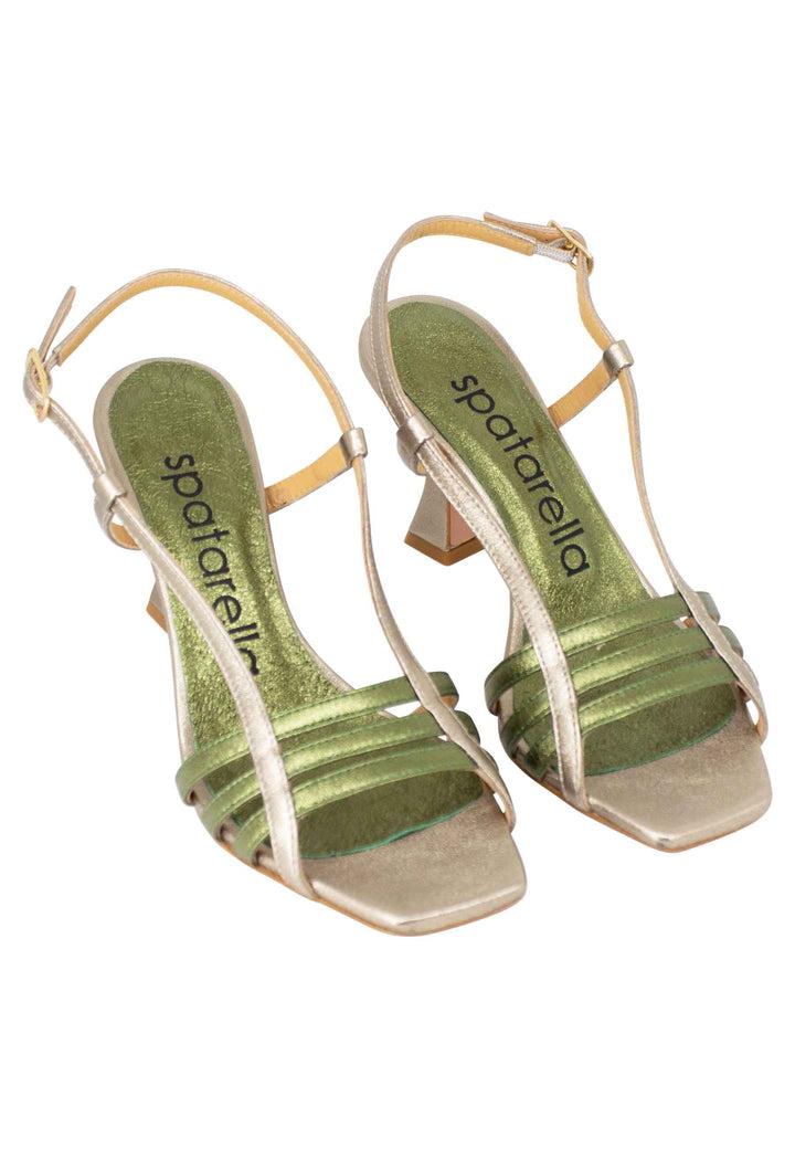 Spatarella Sandali Silngback Donna In Pelle Laminata Oro E Verde Con Tacco Alto E Punta Quadra