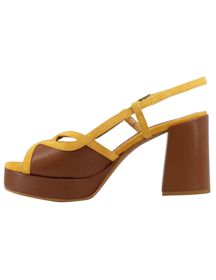 Spatarella Sandali Slingback Donna In Camoscio Giallo E Pelle Cuoio Con Tacco Alto E Plateau