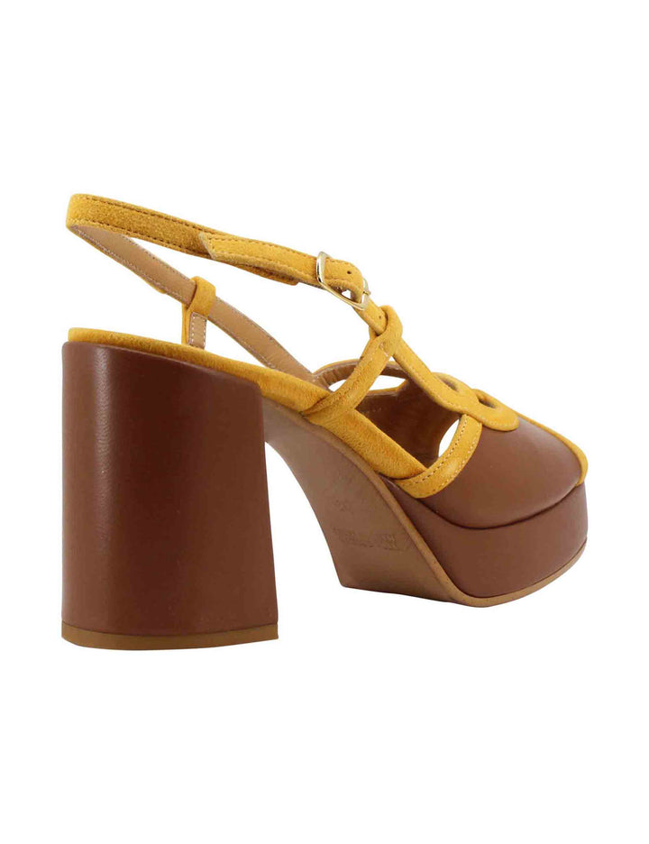 Spatarella Sandali Slingback Donna In Camoscio Giallo E Pelle Cuoio Con Tacco Alto E Plateau