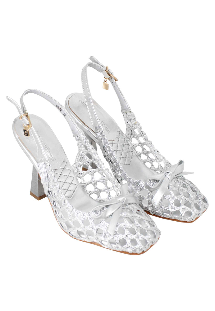 Spatarella Sandali Slingback Donna In Pelle Argento Intrecciata Tacco Alto
