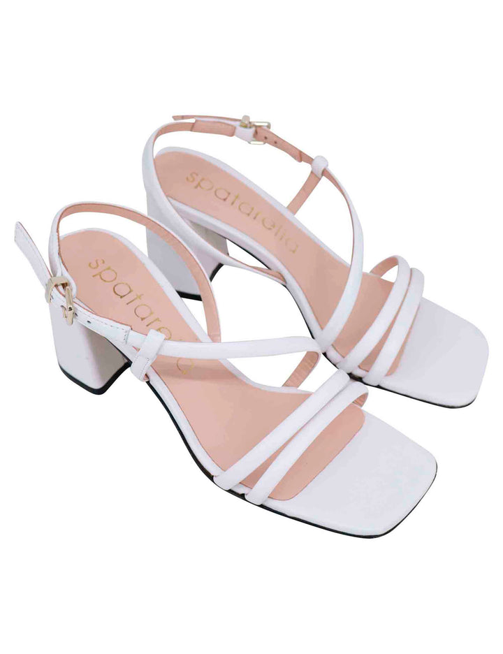 Spatarella Sandali Slingback Donna In Pelle Bianca Con Tacco Grosso E Punta Quadra