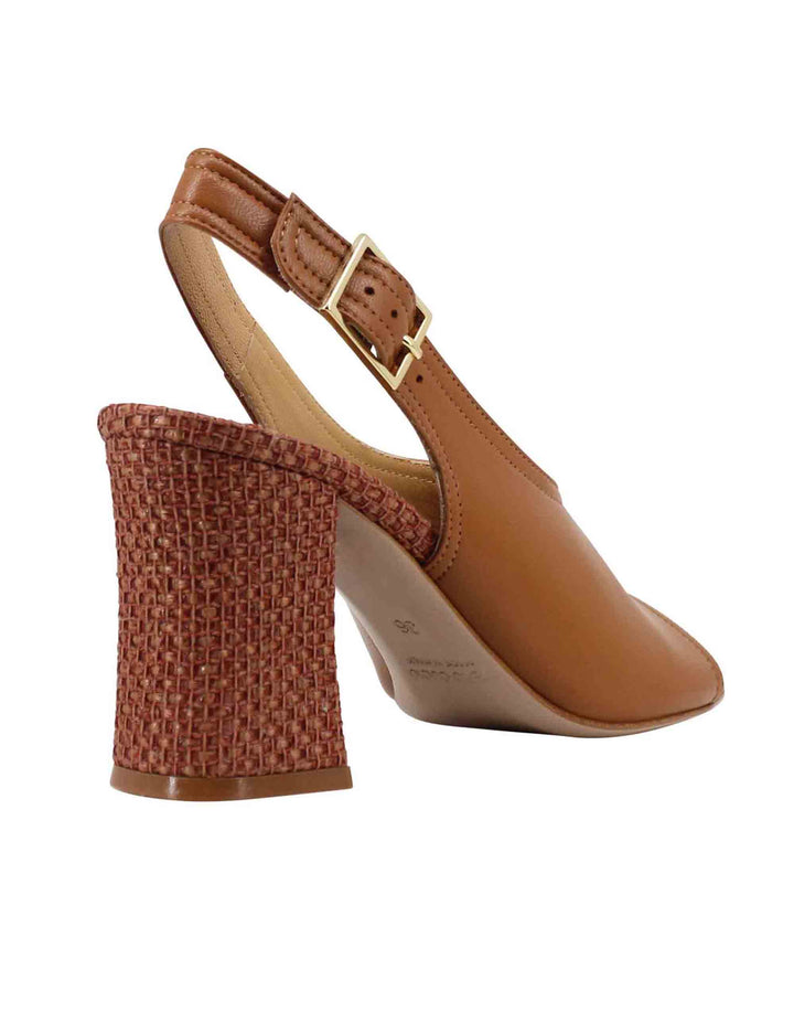 Spatarella Sandali Slingback Donna In Pelle Cuoio Con Tacco Alto Rivestito In Rafia