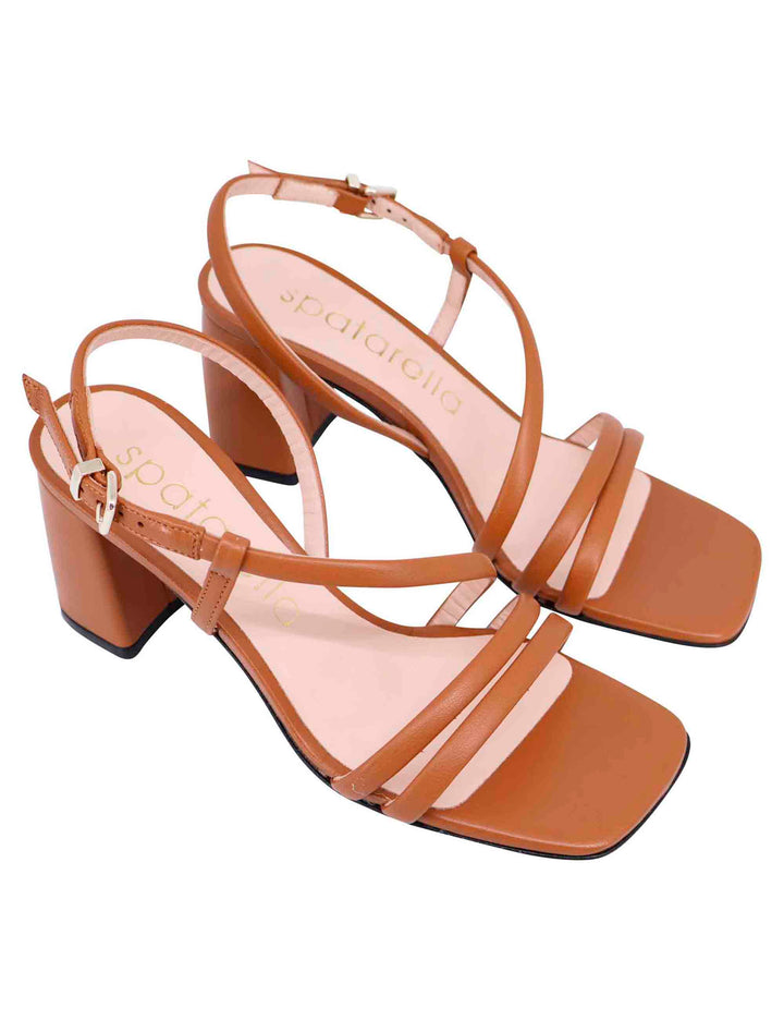 Spatarella Sandali Slingback Donna In Pelle Cuoio Con Tacco Grosso E Punta Quadra
