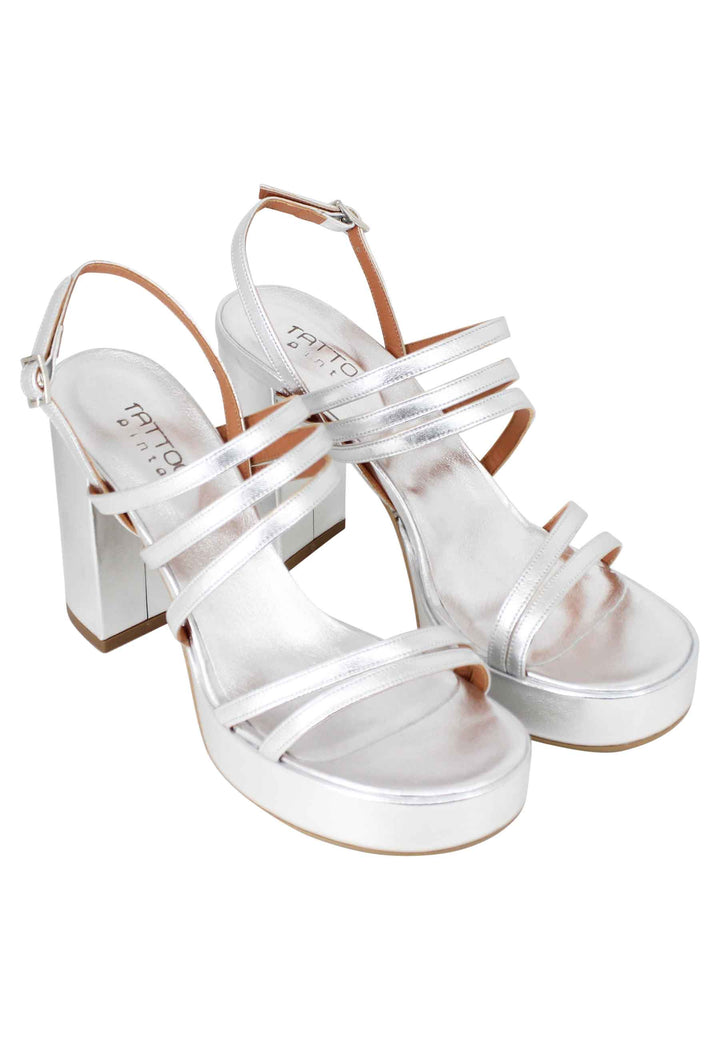 Spatarella Sandali Slingback Donna In Pelle Laminata Argento Con Tacco Alto E Plateau