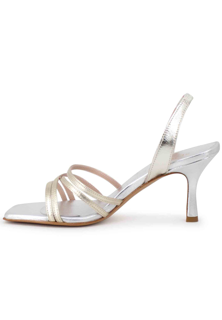 Spatarella Sandali Slingback Donna In Pelle Laminata Argento Con Cinturini E Punta Quadra
