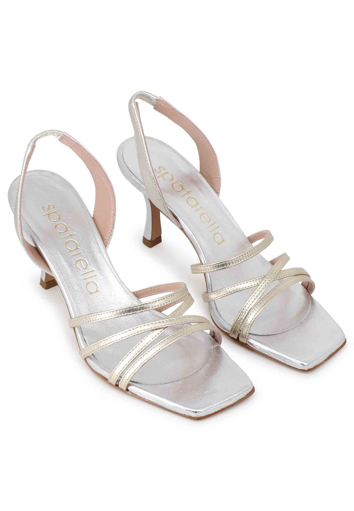 Spatarella Sandali Slingback Donna In Pelle Laminata Argento Con Cinturini E Punta Quadra
