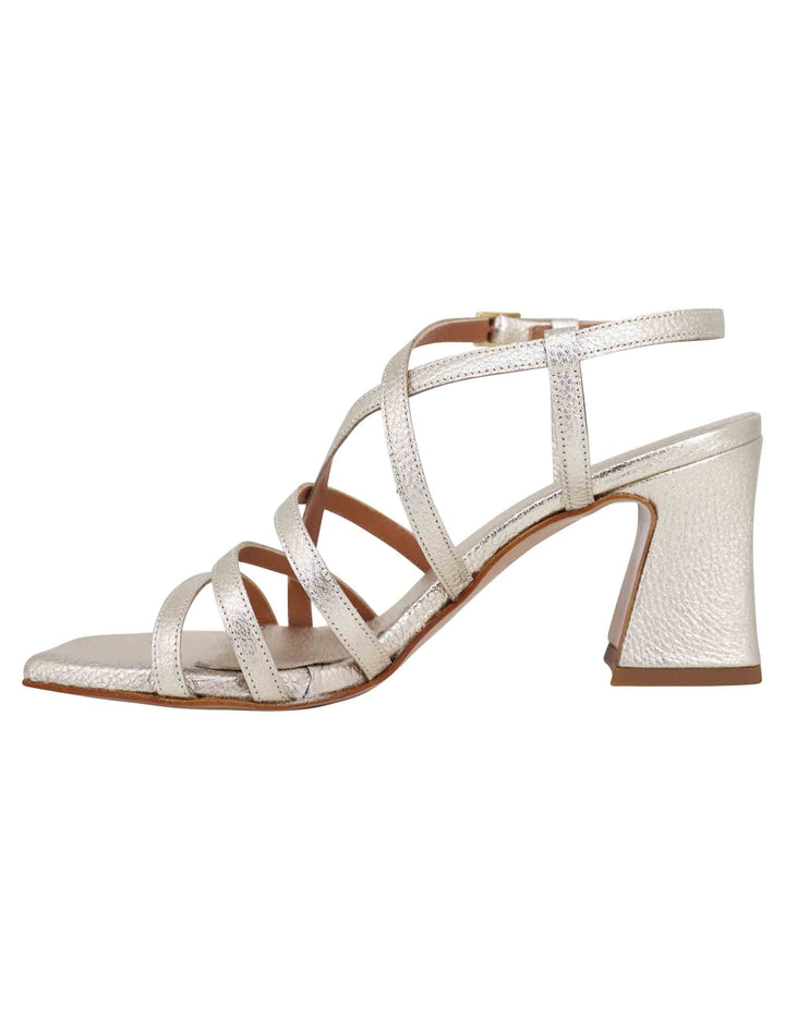 Spatarella Sandali Slingback Donna In Pelle Laminata Platino Con Tacco Alto E Punta Quadra
