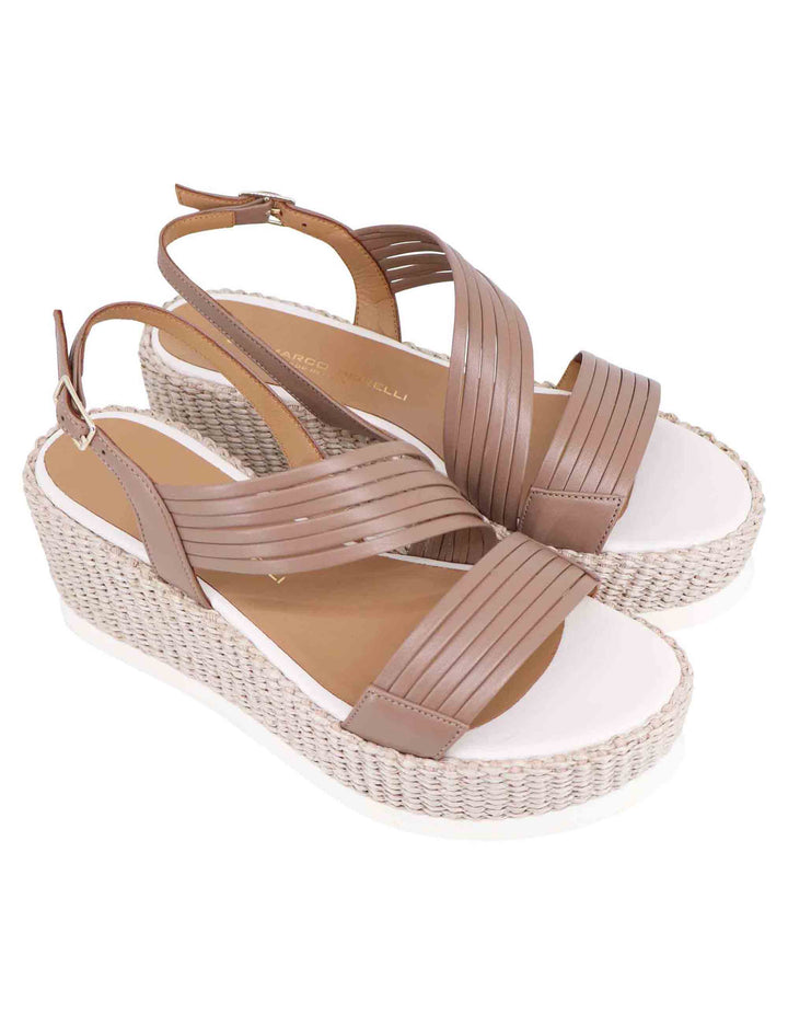 Spatarella Sandali Slingback Donna In Pelle Taupe Con Zeppa Bassa Fasciata In Tessuto