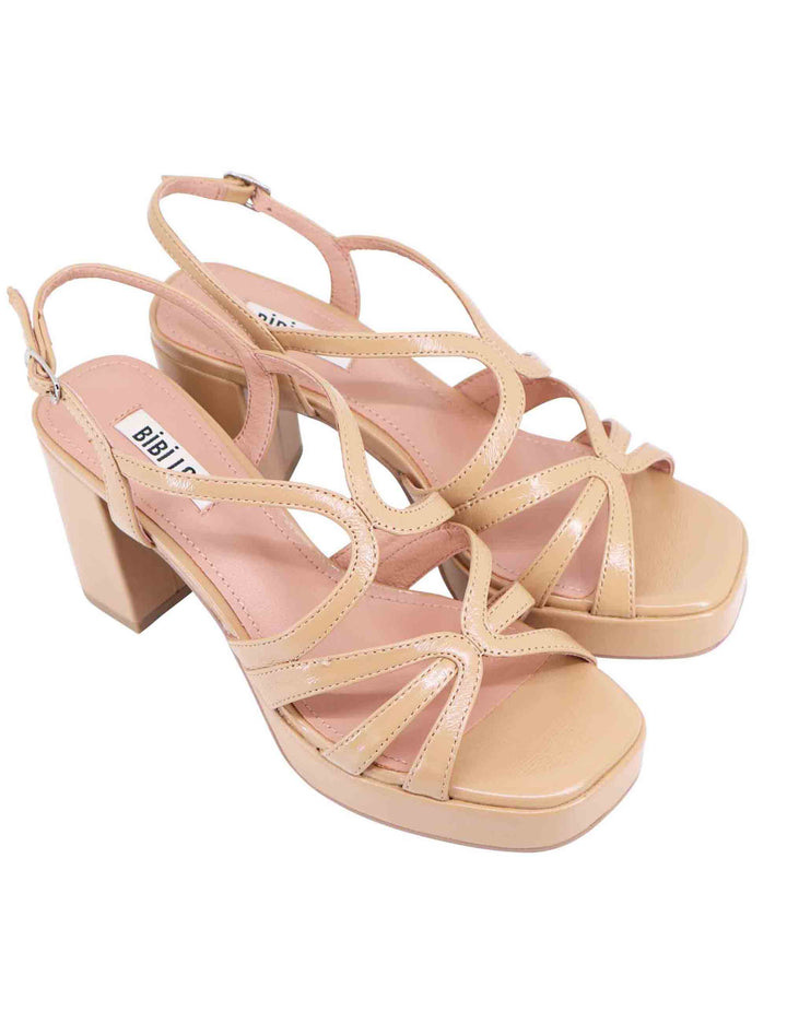 Spatarella Sandali Slingback Donna In Vernice Camel Con Tacco Plateau E Punta Quadra