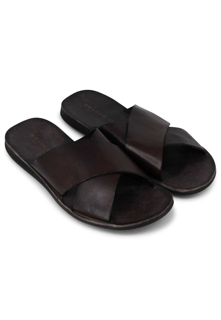 Spatarella Sandali Uomo In Pelle Marrone Con Doppio Incrocio