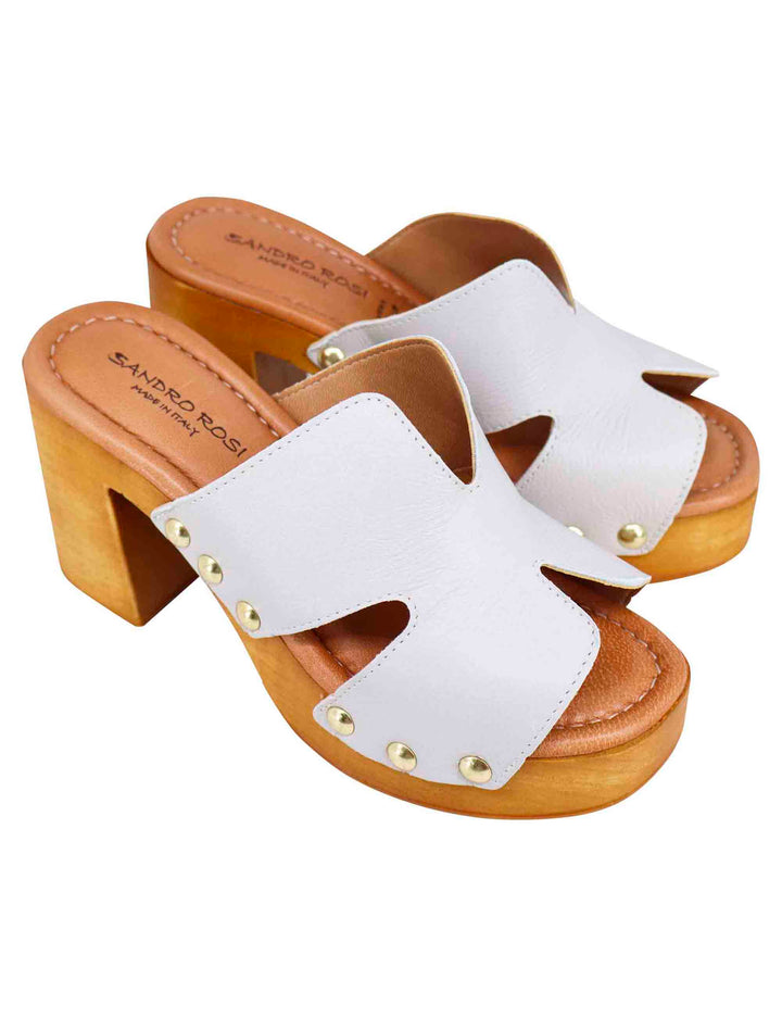 Spatarella Sandali Zoccoli Donna In Pelle Bianca Con Fibbie Oro E Tacco Alto