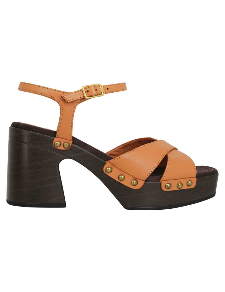Spatarella Sandali Zoccoli Donna In Pelle Cuoio Ad Incrocio Con Tacco Alto E Cinturino Alla Caviglia