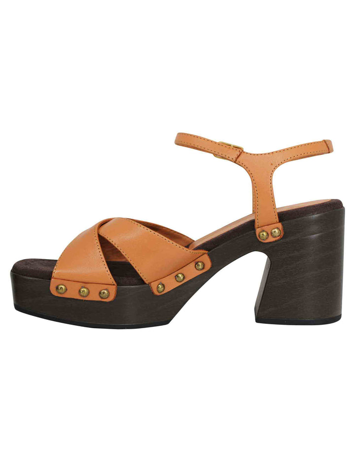 Spatarella Sandali Zoccoli Donna In Pelle Cuoio Ad Incrocio Con Tacco Alto E Cinturino Alla Caviglia