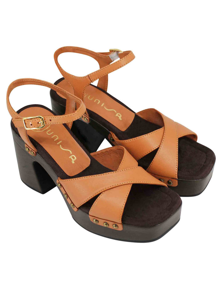 Spatarella Sandali Zoccoli Donna In Pelle Cuoio Ad Incrocio Con Tacco Alto E Cinturino Alla Caviglia