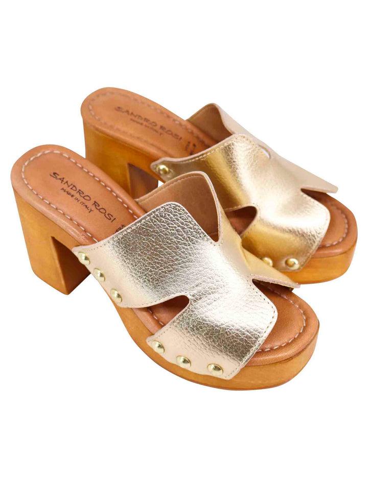 Spatarella Sandali Zoccoli Donna In Pelle Platino Con Fibbie Oro E Tacco Alto