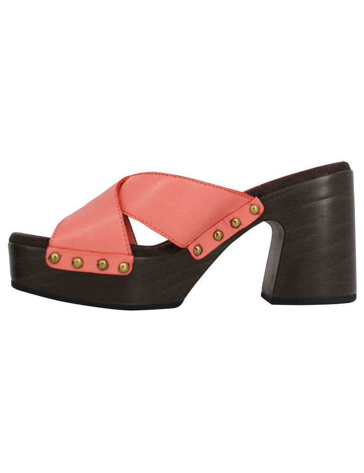 Spatarella Sandali Zoccoli Donna In Pelle Rosa Ad Incrocio Con Tacco Alto