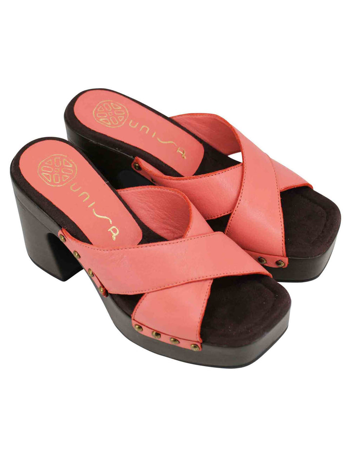 Spatarella Sandali Zoccoli Donna In Pelle Rosa Ad Incrocio Con Tacco Alto