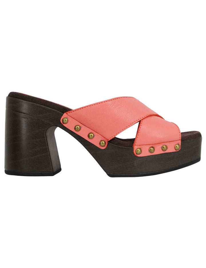 Spatarella Sandali zoccoli donna in pelle rosa ad incrocio con tacco alto