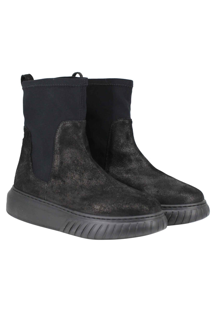 Spatarella Sneakers Donna A Stivaletto In Pelle Nera E Tessuto Elasticizzato In Tinta Suola In Gomma Alta