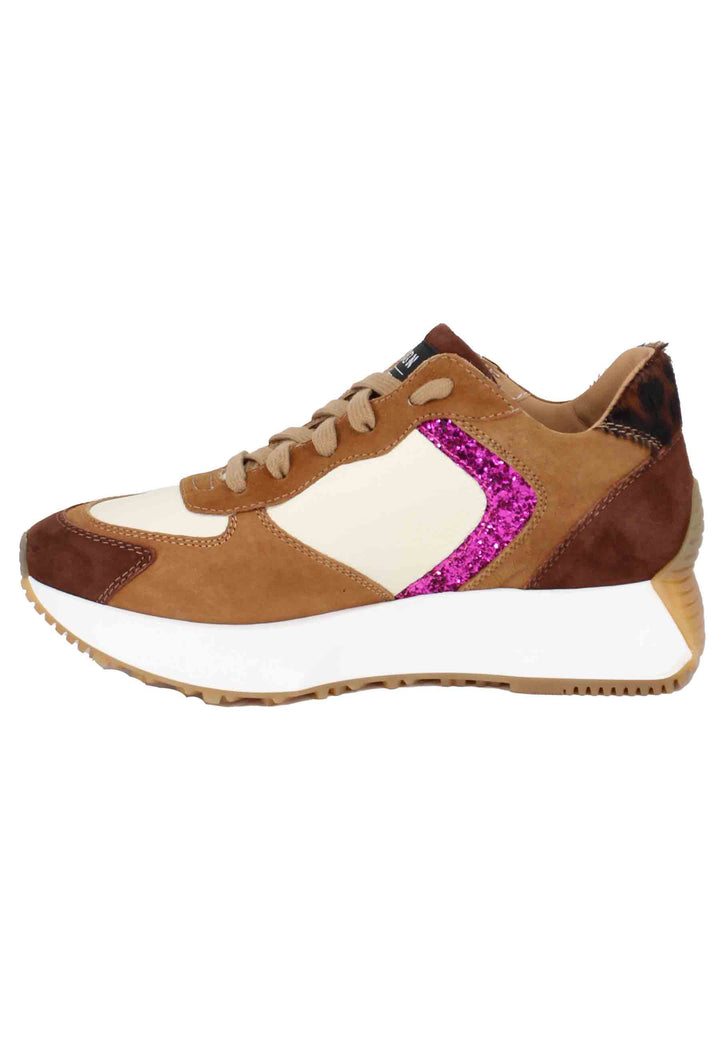 Spatarella Sneakers Donna In Camoscio Cuoio E Pelle Avorio Con Zeppa In Gomma
