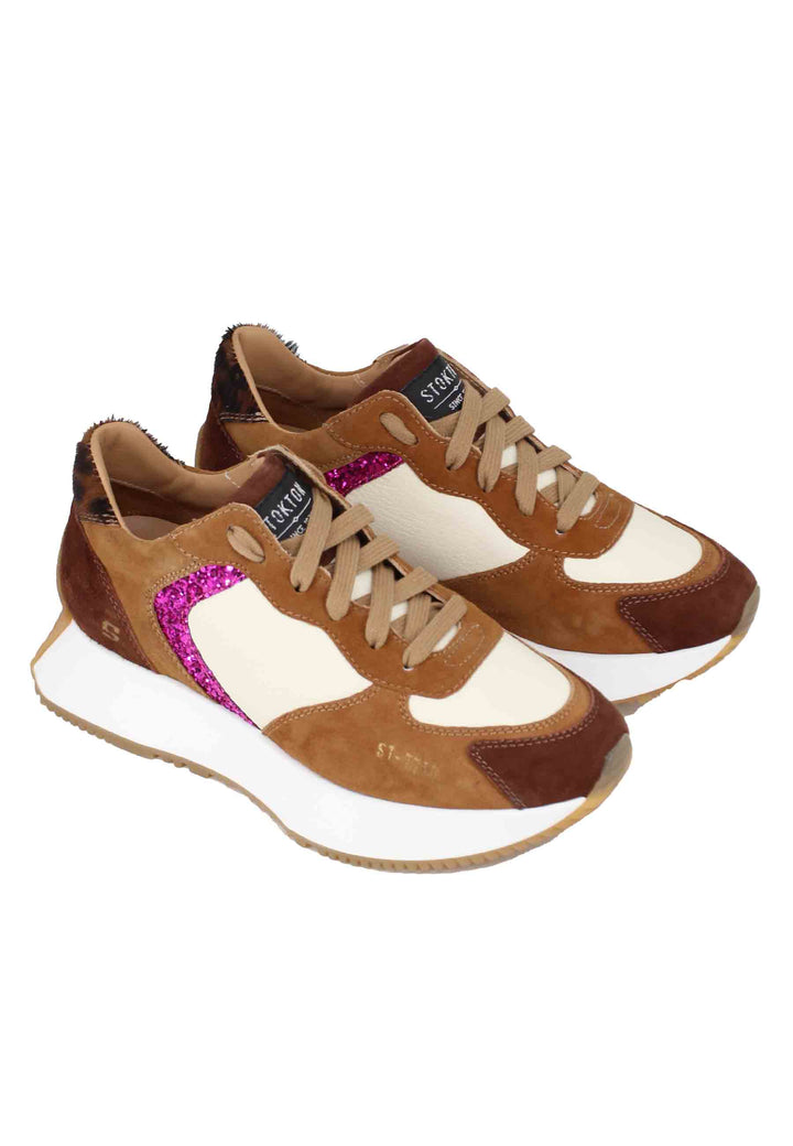 Spatarella Sneakers Donna In Camoscio Cuoio E Pelle Avorio Con Zeppa In Gomma