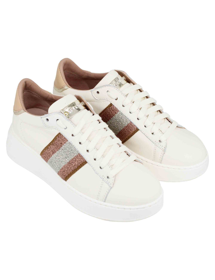 Spatarella Sneakers Donna In Pelle Beige Con Banda Laterale