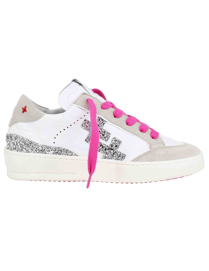 Spatarella Sneakers Donna In Pelle Bianca Con Riporti In Glitter Argento