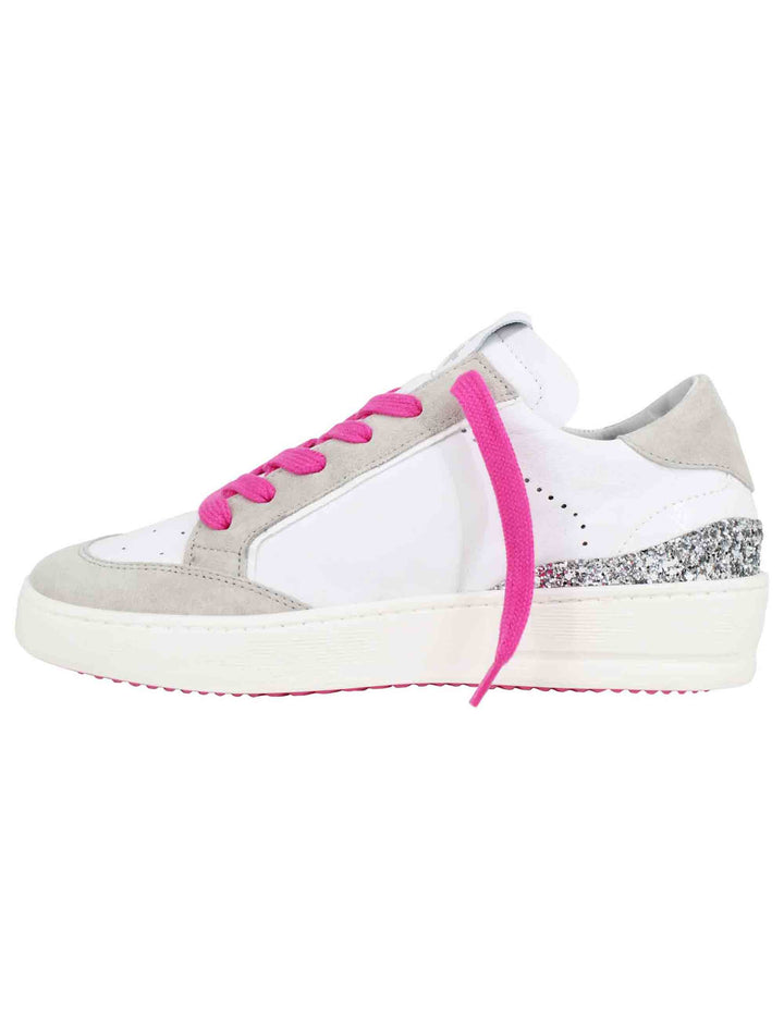 Spatarella Sneakers Donna In Pelle Bianca Con Riporti In Glitter Argento
