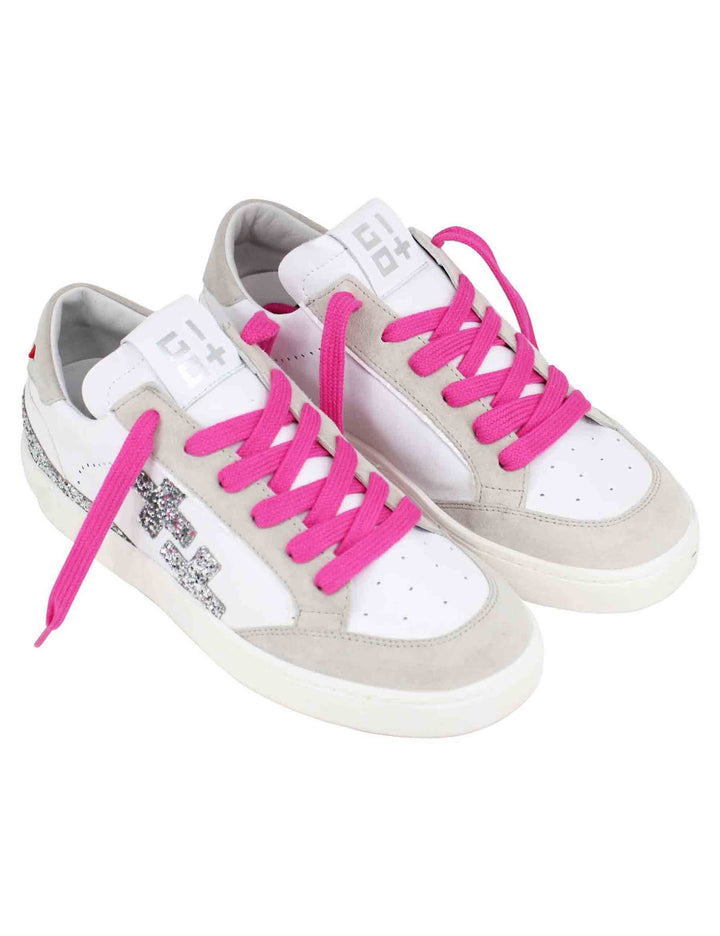 Spatarella Sneakers Donna In Pelle Bianca Con Riporti In Glitter Argento