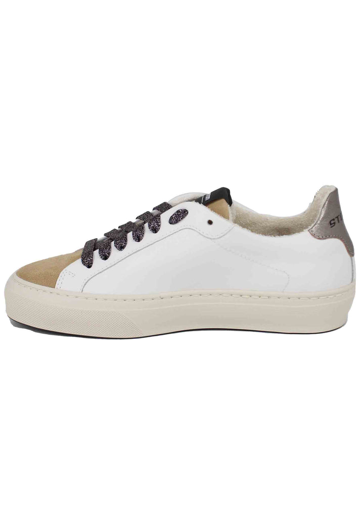 Spatarella Sneakers Donna In Pelle Bianca E Camoscio Cuoio