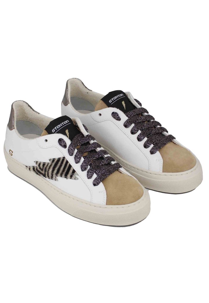 Spatarella Sneakers Donna In Pelle Bianca E Camoscio Cuoio